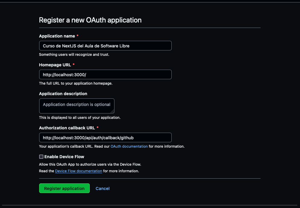 Registro de aplicación OAuth en Github